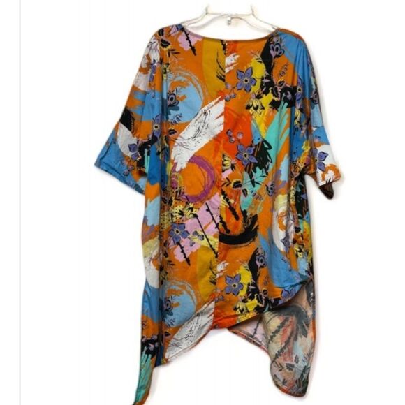 158C Asymmetrical Hem 3/4 Sleeve Abstract and Floral Print Tunic XL - Picture 3 of 14